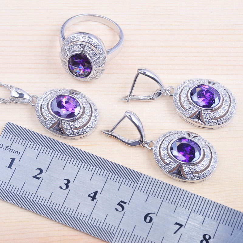 Purple Crystal Pendants Necklace Earring Ring Jewelry Set