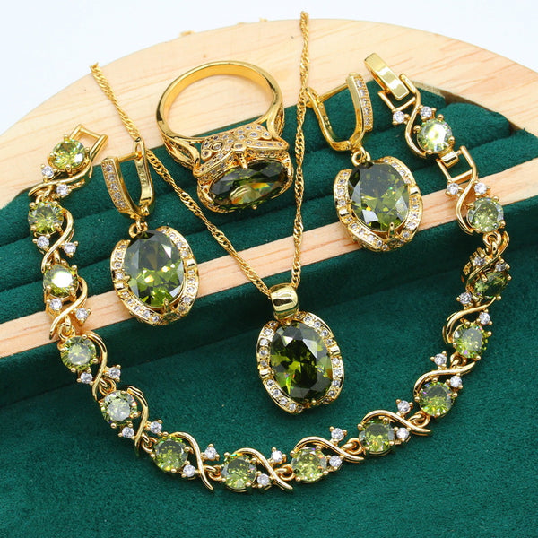 Pulsera, pendientes, collar, colgante, anillo y circonita verde oliva, regalo de Navidad.