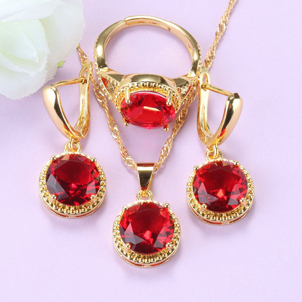 Conjunto de pendientes, anillo y collar colgantes de granate rojo redondo para novia