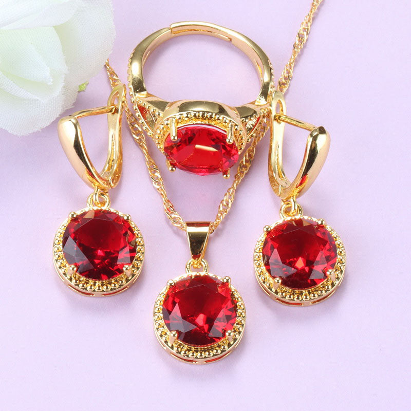Round Red Garnet Dangle Earrings Ring And Necklace Bridal Sets