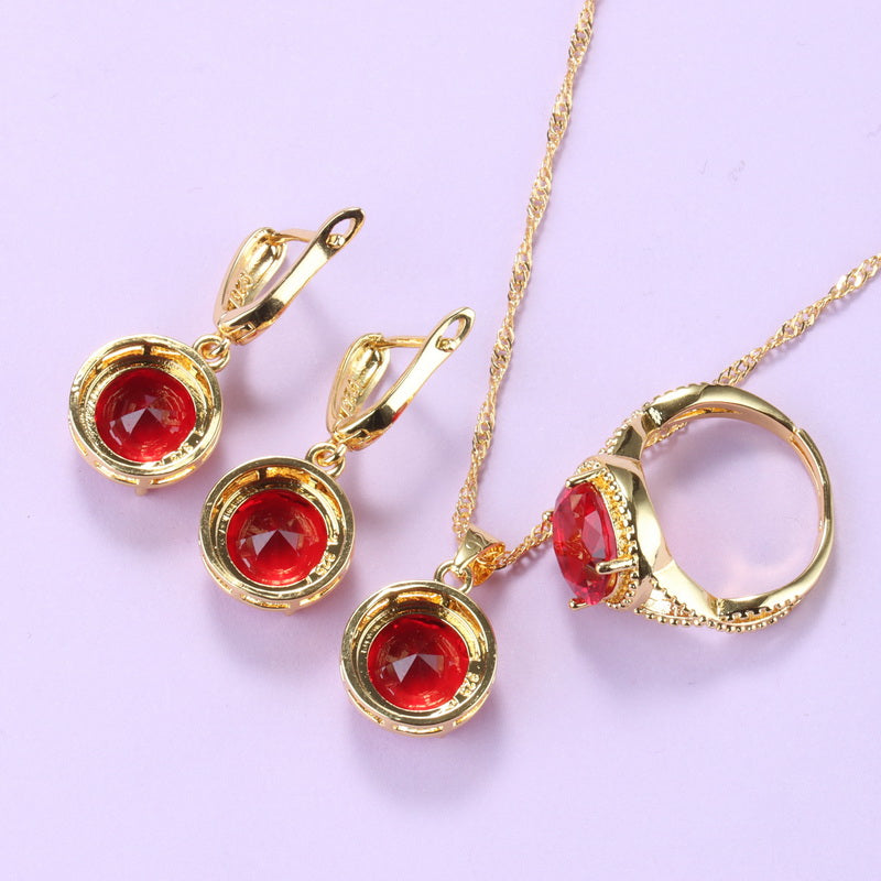 Round Red Garnet Dangle Earrings Ring And Necklace Bridal Sets