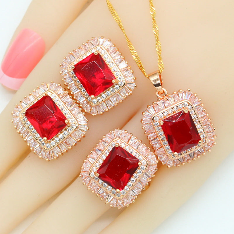 Red White Stones Gold Color Wedding Jewelry Sets