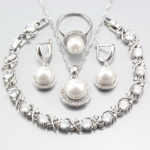 Freshwater Pearls Natural White Zircon  Silver Color Jewelry Sets