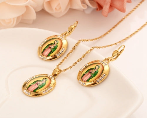Gold Virgin Mary religions Jewelry Set