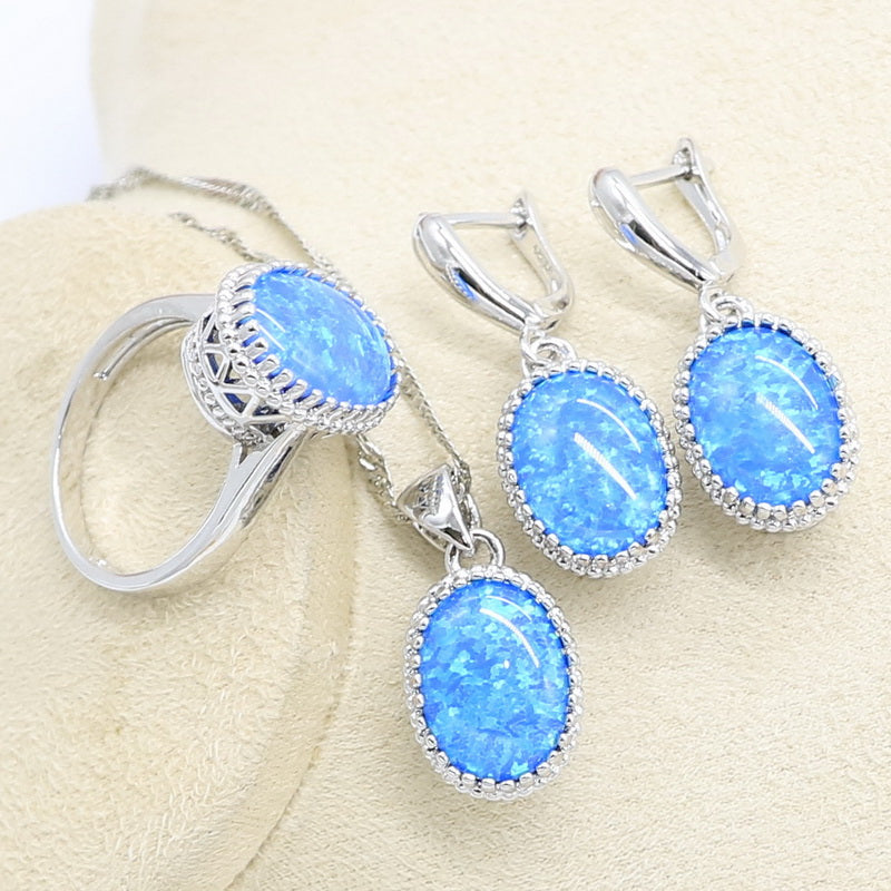 Oval Blue Opal Earrings Necklace Pendant Ring 925 Silver Jewelry Set