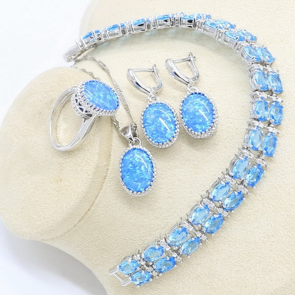 Oval Blue Opal Earrings Necklace Pendant Ring 925 Silver Jewelry Set