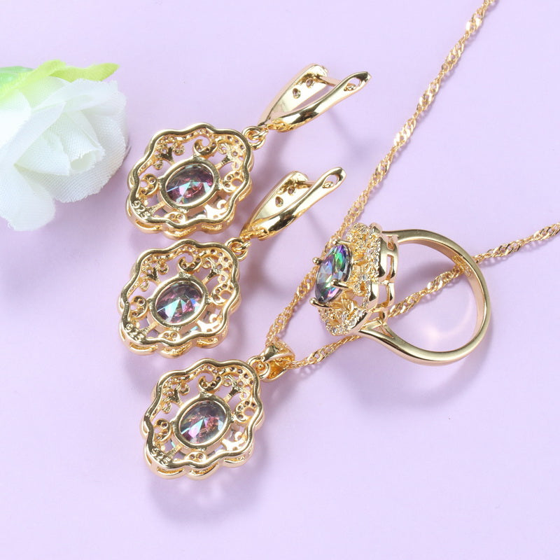 AAA+ Mystic Rainbow Cubic Zirconia Flower Jewelry Sets