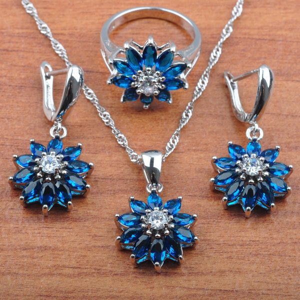 Blue Cubic Zirconia Silver Color Dubai Jewelry Sets