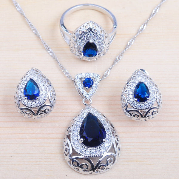 Bridal jewelry Blue Zirconia White Beads CZ  Silver Color Jewelry Sets
