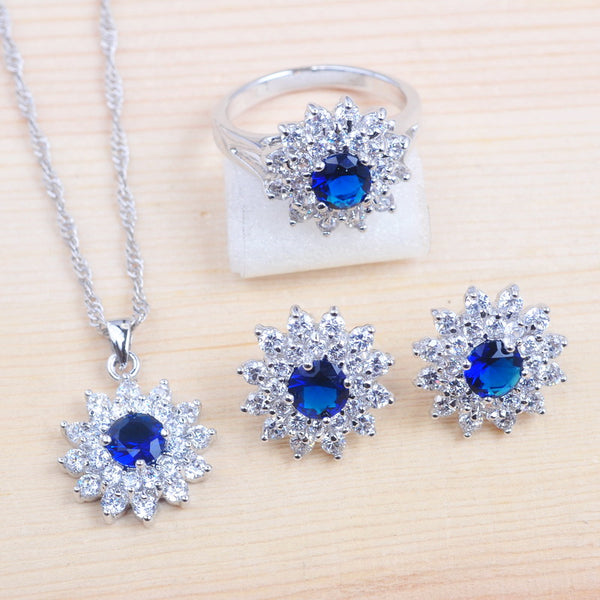 Blue Crystal Flower Pendants Necklace Earring Ring Jewelry Set