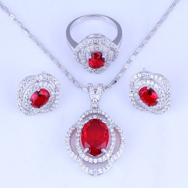 Red Imitation Garnet Cubic Zirconia Silver Color Jewelry Sets