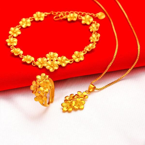 Conjunto de 3 piezas de joyería de boda con pulsera, collar y anillo de cadena con múltiples flores