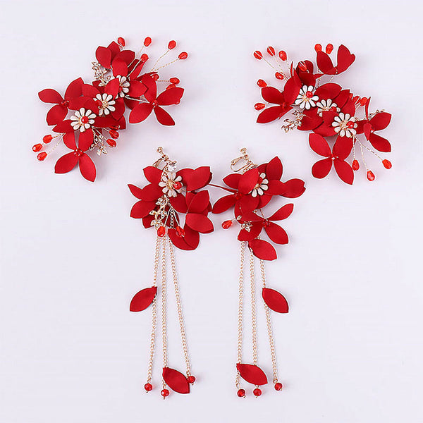 Conjuntos de joyas de diadema con horquillas para el cabello de cristal con flores rojas