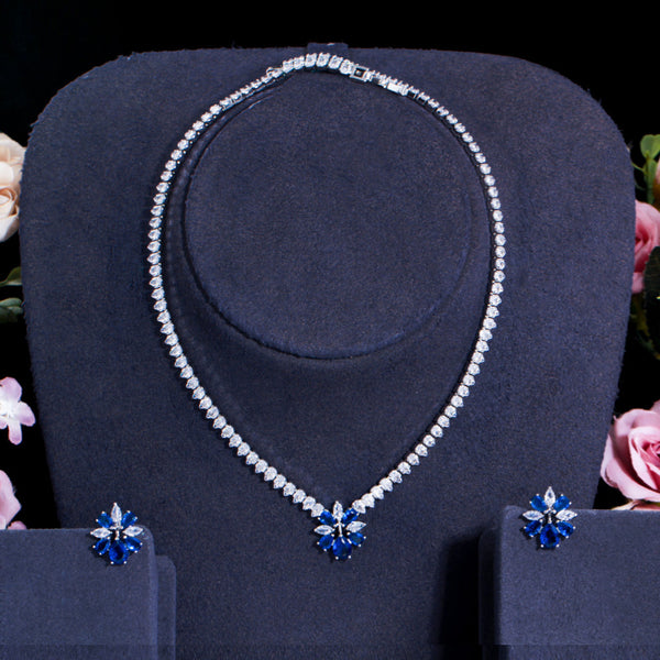 Royal Blue Cubic Zirconia Cute Flower Design Earrings and Choker Necklace Sets