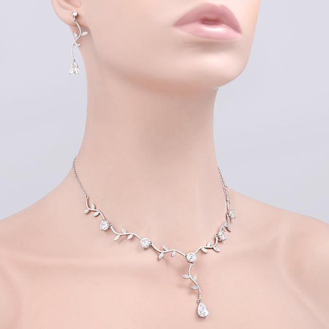 Cubic Zirconia CZ Crystal Vine Design Necklace Earring Jewelry Set