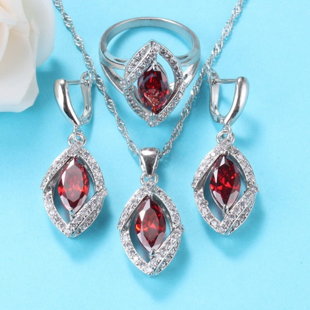 Red Garnet Earrings With Necklace Bracelet And Ring Sets