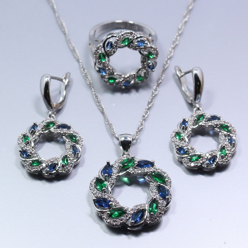 Hollow Blue Green Zircon  Silver Color Women Jewelry Set