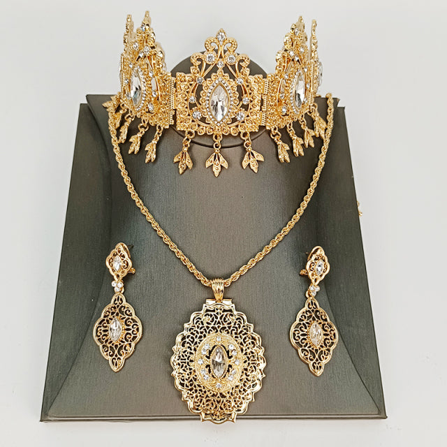 Gold Pendant Earrings Pendant Necklace Large Crown Jewelry Set