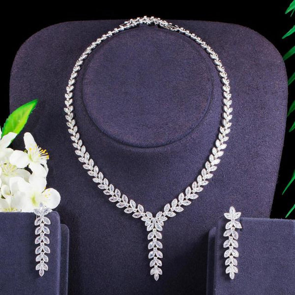 Gorgeous Shiny CZ Crystal Silver Color Long Dangling Leaf Drop Earrings Necklace Set
