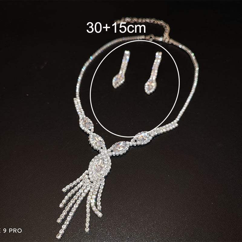 Boutique Zircon Inlaid Necklace Earrings Tassel Necklace Set