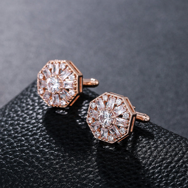 3A Cubic Zirconia CZ Crystal Round Flower CuffLinks for Men