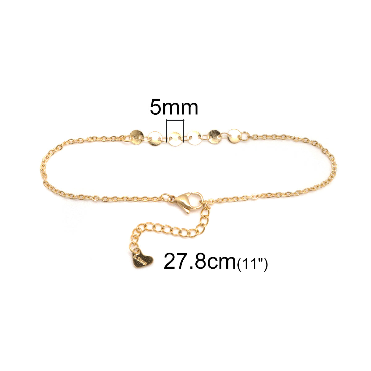 304 Stainless Steel Anklet  Gold Color Round Heart Chain Anklet Bracelets