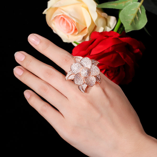 Romantic Big Flower Leaf Shape Full Sparkling Micro Pave Cubic Zirconia Finger Ring
