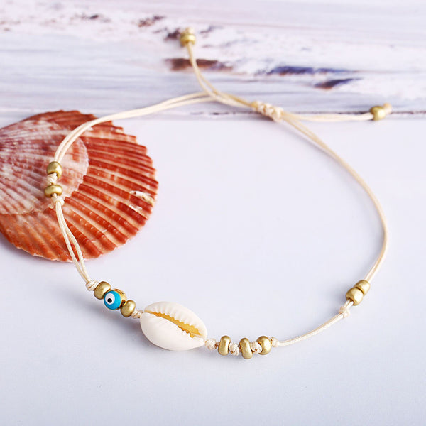 Tobillera de oro con ojo turco malvado, pulsera vintage de conchas y cuentas.