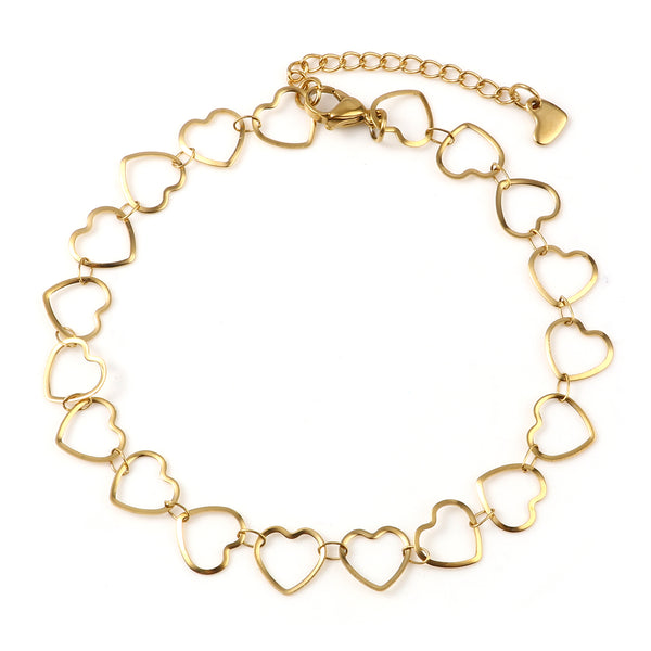 Tobillera clásica de moda para mujer, de acero inoxidable, color dorado, con cadena de corazón y luna.