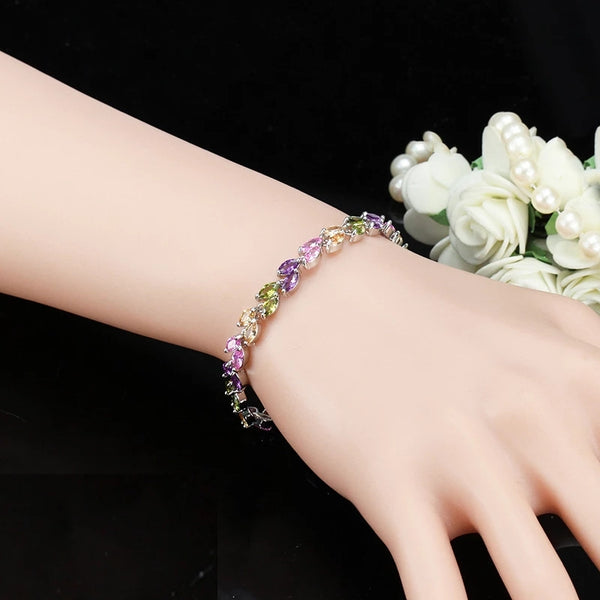 Big Leaf Shape Dark Blue Cubic Zirconia Stone Chain  Link Bracelet
