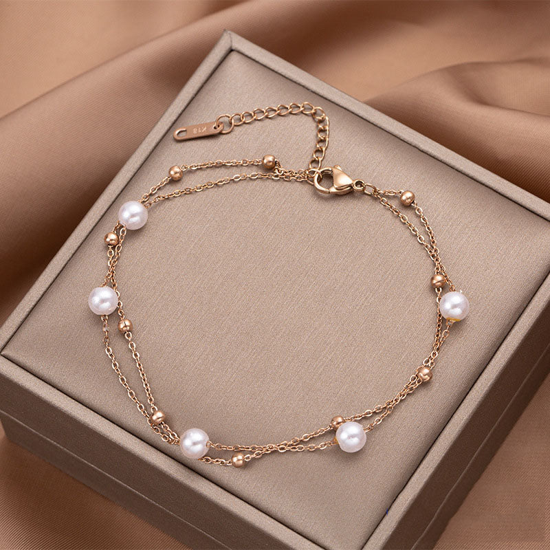 Bohemia Double Layer White Pearl Charm Anklets For Women