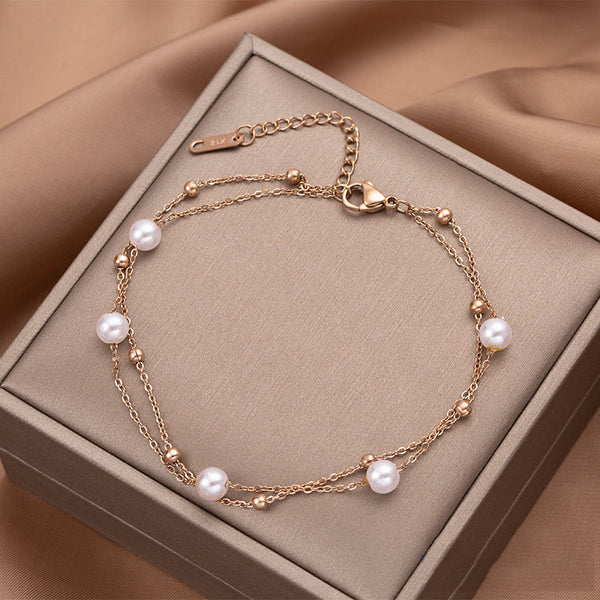 Tobilleras bohemias de doble capa con dije de perla blanca para mujer