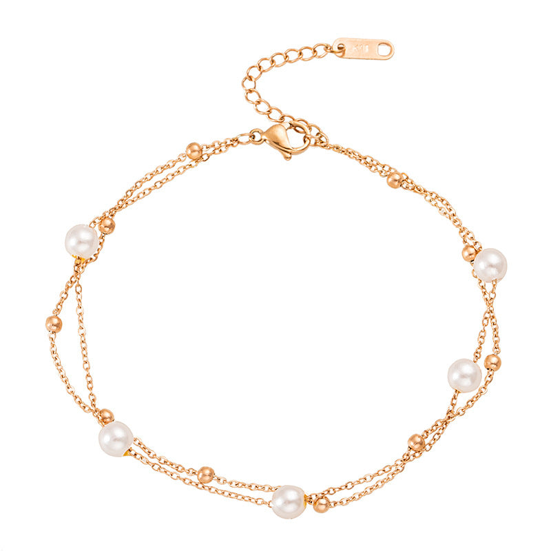 Bohemia Double Layer White Pearl Charm Anklets For Women