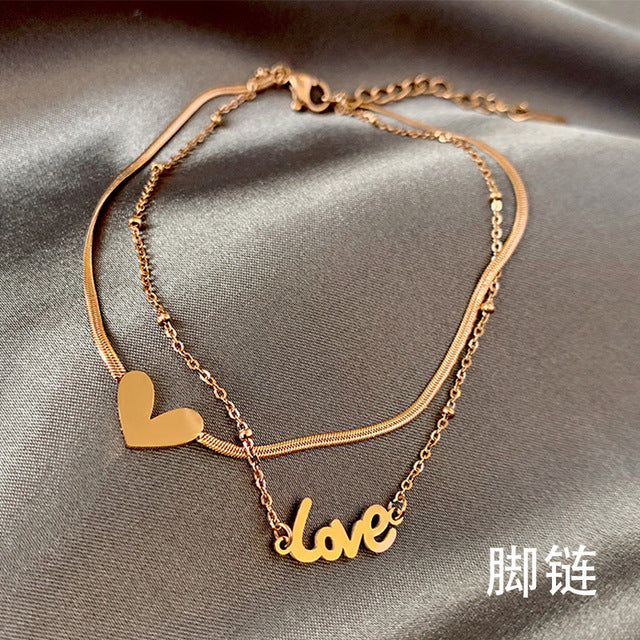 Classic Love Letter Heart-Shaped Double-Layer Titanium Steel Anklets For Woman