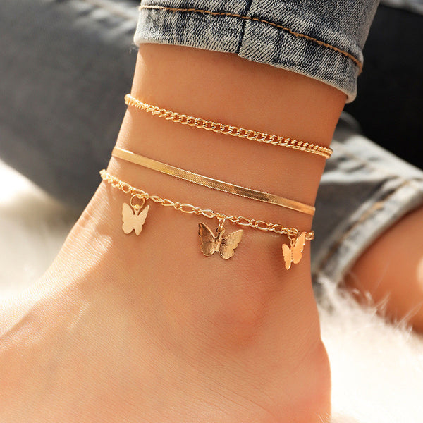 Tobilleras de cadena de metal geniales para mujer, tobilleras de mariposa a la moda