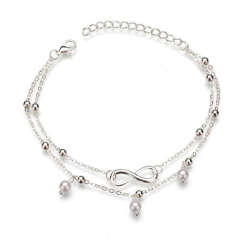 Boho Double Layers Pearl Pendant Anklets For Women