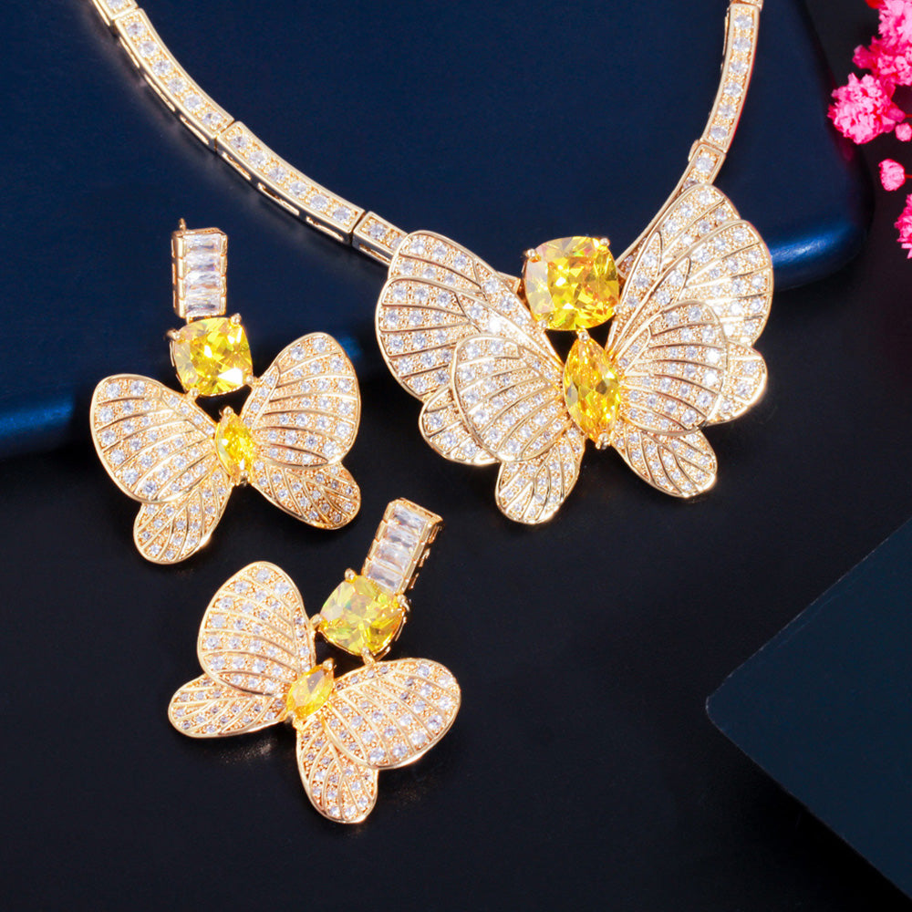 Gorgeous Yellow CZ Crystal Big Butterfly Charm Necklace Earrings Jewelry Sets