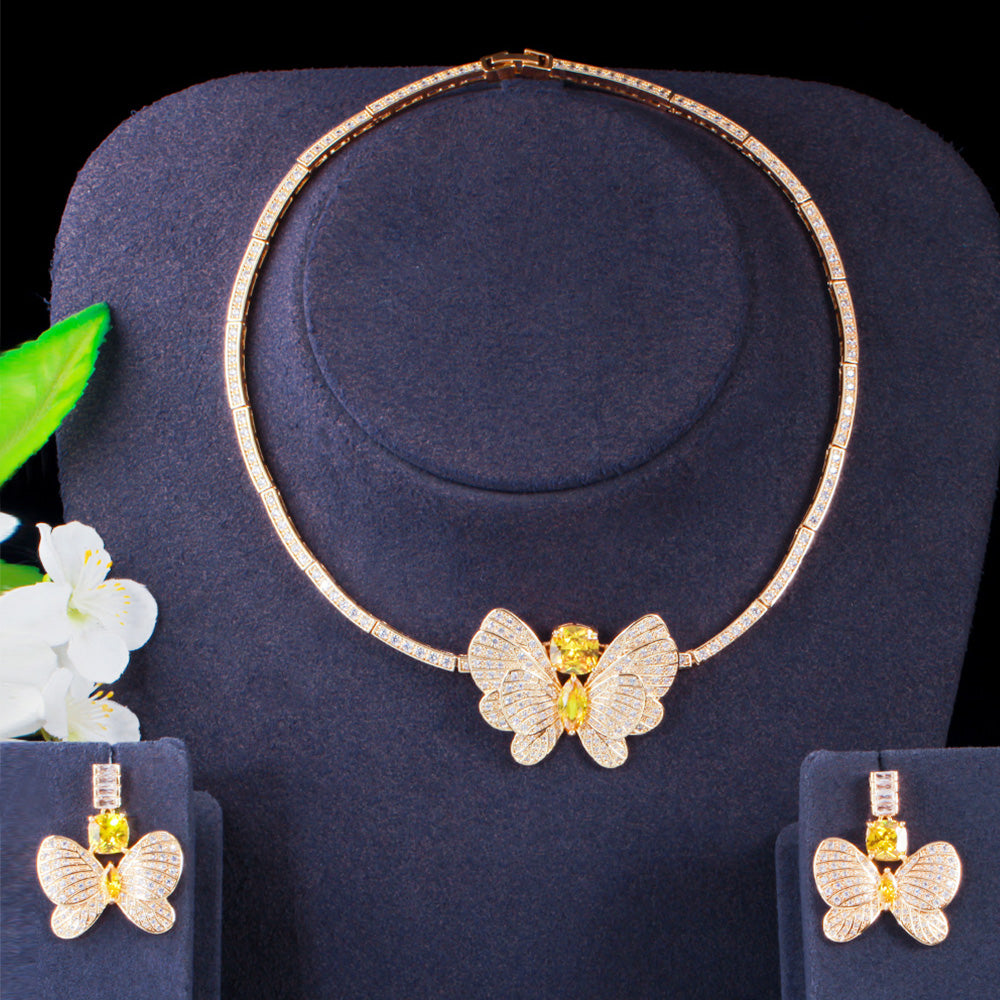 Gorgeous Yellow CZ Crystal Big Butterfly Charm Necklace Earrings Jewelry Sets