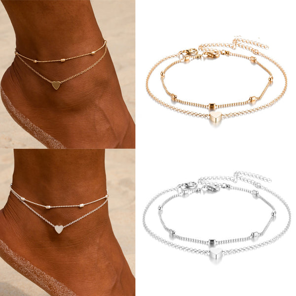 Tobillera de moda con cuentas de color dorado y plateado en forma de corazón para mujer