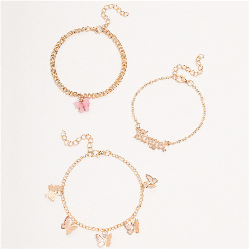 Fashion Pink Butterfly Anklets Set For Women Cute Gold Letter Angel Chain Anklet