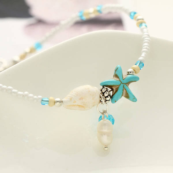 Pulseras y tobilleras con dijes de estrellas de mar y perlas de imitación bohemias para mujer
