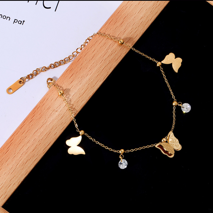 Beaded Zircon Frosted Butterfly Charm Chain Anklet Necklaces For Women