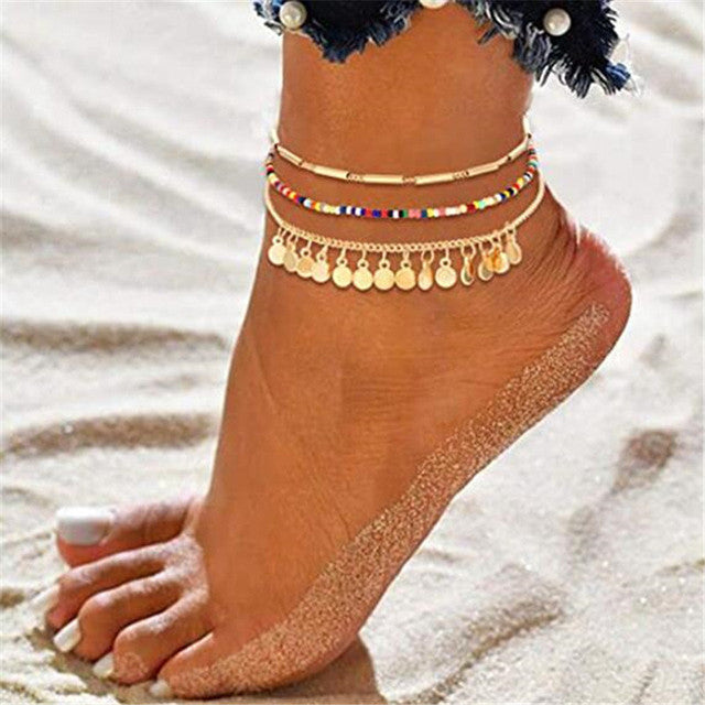 Fashion Punk Vintage  Bohemian Gold Color Lock Pearl Anklets