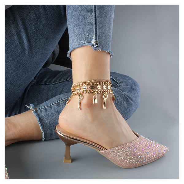 Tobillera con cadena de cierre multicapa estilo punk para mujer