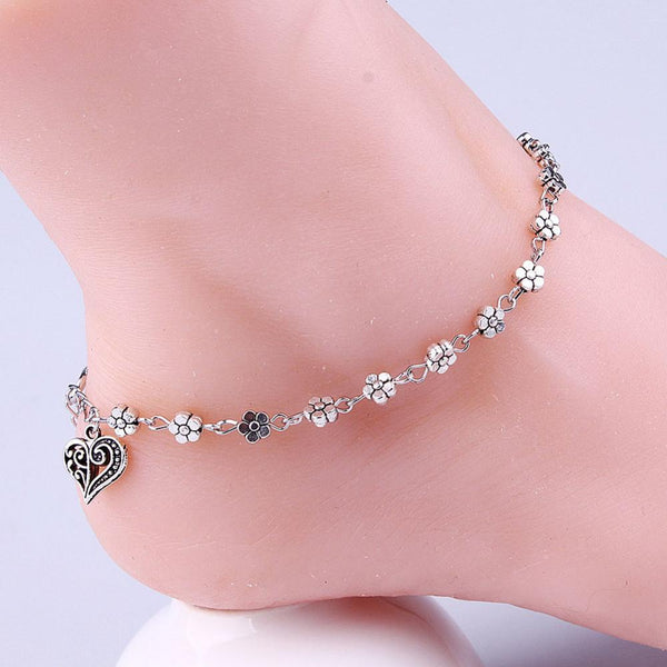 Tobillera de plata tibetana con forma de corazón y flores de ciruelo huecas para mujer