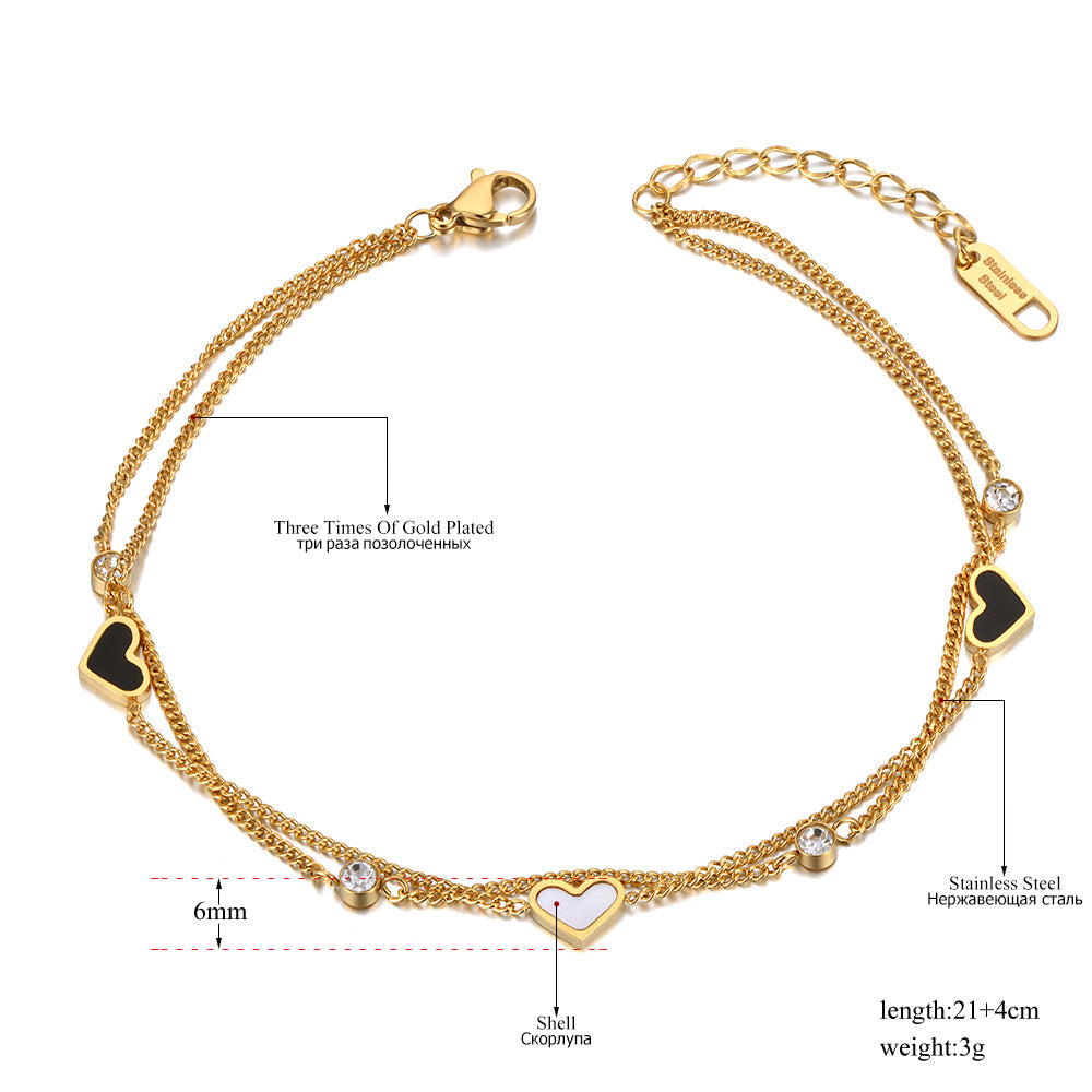 Double Layer Black &amp; White Heart Charm Anklets For Women