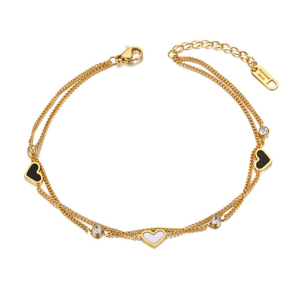 Tobilleras de doble capa con dije de corazón en blanco y negro para mujer