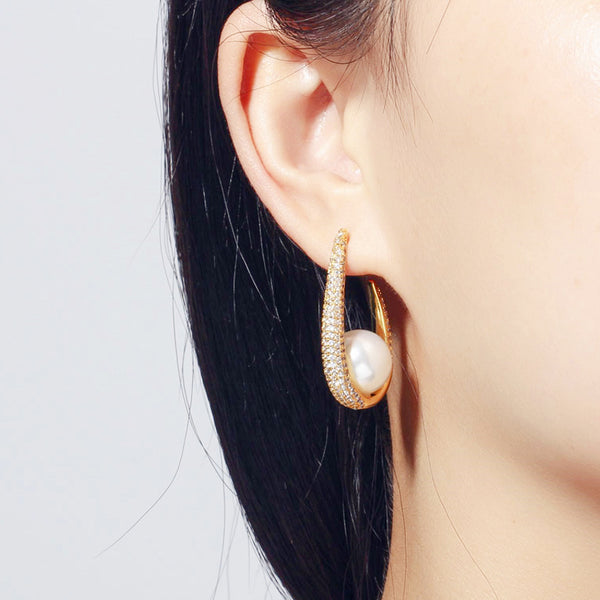 Big Round Pearl Cubic Zirconia Yellow Gold Circle Long Drop Earrings