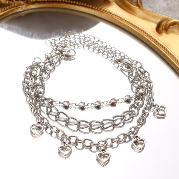 Tobillera vintage multicapa con cadena geométrica y corazón de amor para mujer