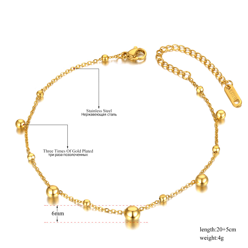 18K Gold Plated Stainless Steel Round Ball Charm Anklets For Women